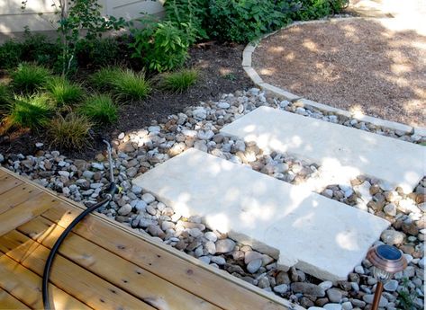 Deck to Gravel Patio Transition | Elizabeth McGreevy Patio Transition Ideas, Patio Edging, Transition Ideas, Gravel Landscaping, Backyard Area, Gravel Patio, Water Station, Water Features In The Garden, Patio Landscaping