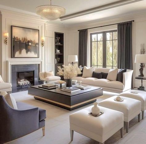 Master Sitting Room Ideas, Kyle Richards House, French Contemporary Home, Symmetrical Living Room, Formal Living Room Ideas, Modern Sitting Room, Restoration Hardware Living Room, Living Room Decor Fireplace, Living Room Sofa Design