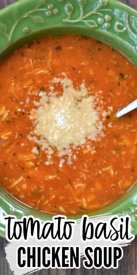 This easy homemade Tomato Chicken soup is loaded with robust flavor using canned tomatoes, basil pesto and chicken stock. It's quick to make in less than 30 minutes for a healthy lunch or dinner idea. #tomatosoup #easy #healthy #tomatochickensoup Tomato Chicken Bouillon, Smashing Tomato Tomato Basil Chicken Soup, Tomato Chicken Soup Recipes, Tomato Based Chicken Soup, Tomato Basil Chicken Soup, Chicken Tomato Soup Recipes, Basil Chicken Soup, Tomato Chicken Soup, Filling Soups