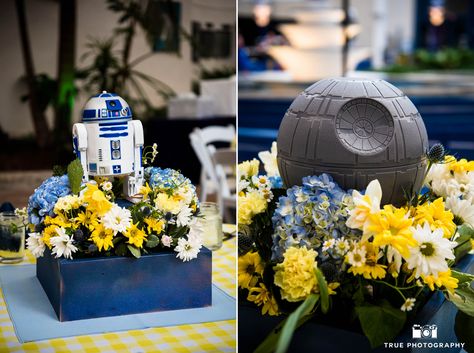 Stars Wars themed centerpieces during reception at Air and Space museum #weddingphotography / just added Star Wars Centerpieces Wedding, Wedding Centerpieces Star Wars, Star Wars Table Numbers Wedding, Star Wars Wedding Table Names, Star Wars Centerpiece Wedding, Geeky Centerpieces Wedding, Star Wars Wedding Decorations, Star Centerpieces, Themed Centerpieces