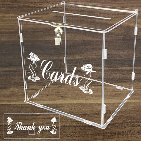 PRICES MAY VARY. Acrylic Elegant acrylic box with white rose pattern, clear sign, silver lock & 2 keys for secure storage Made of 5MM thick premium quality clear acrylic material, laser-cut, sturdy & durable 10 x 10 x 8.5 in size holds over 300 cards or envelopes, great for weddings, parties & events Exquisite decorative pattern rose flowers design, more elegant than plain wood or cardboard boxes Ideal for storing gift cards, photos, memorabilia; 120-day money back guarantee gift money card enve Card Boxes For Wedding, Acrylic Wedding Card, Box With Lock, Sign For Wedding, Gift Money, Money Card, Wedding Card Box, Envelope Box, Money Holder