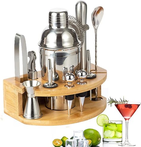 Cocktail Shaker Set with Wooden Stand, 12Pcs Cocktail Shaker Bartender Kit, 25oz Martini Shaker Set with Accessories, Professional Bartender Drink Making Tools, Perfect Bartender Kit for Home Bar : Amazon.co.uk: Home & Kitchen Bar Shaker Set, Strip Drawing, Separation Design, Bartender Kit, Bartender Drinks, Cocktail Maker, Martini Shaker, Cocktail Shaker Set, Bar Spoon