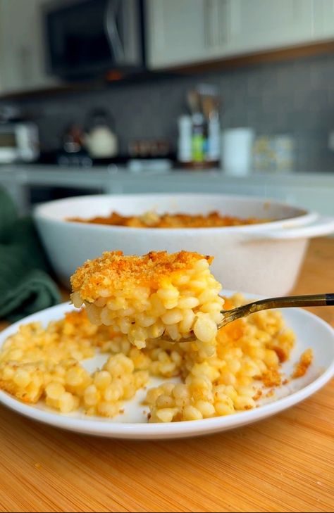 Baked Pearl Couscous Mac and Cheese — dliciouslyinspired Cheesy Pearl Couscous, Couse Couse Recipes, Couscous Pearl Recipes, Pearl Couscous Recipes Side Dishes, Couscous Mac And Cheese, Couscous Recipes Pearl, Pearled Couscous Recipes, Easy Couscous Recipes, Cheese Couscous