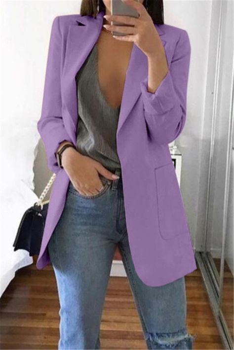 4e6cd95227cb0c280e99a195be5f6615desc45838477ri Blazer And Jeans, Slim Cardigan, Casual Suit Jacket, Purple Blazer, Slim Fit Coat, Blazer Casual, Slim Fit Blazer, Ladies Blazer, Fitted Cardigan