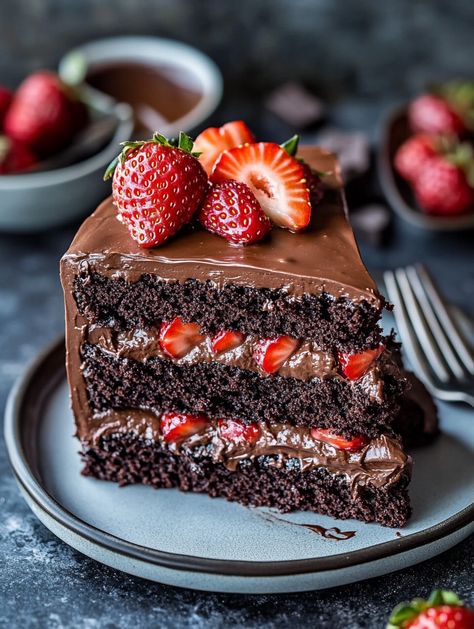 Chocolate  tender cake with berry sounds delicious    𝗜𝗻𝗴𝗿𝗲𝗱𝗶𝗲𝗻𝘁𝘀  For the Cake ❤️❤️  1 ½ cups all-purpose flour  1 cup granulated sugar  ½ cup unsweetened cocoa powder  1 ½ teaspoons baking powder  1 ½ teaspoons baking soda  ½ teaspoon salt  2 large eggs  1 cup whole milk  ½ cup vegetable oil  2 teaspoons vanilla extract  1 cup boiling water For the Strawberry Filling 🥧🥧  1 cup fresh strawberries, hulled and sliced  ¼ cup granulated sugar  1 tablespoon lemon juice Chocolate Cake Strawberry, Chocolate Cake With Fresh Strawberries, Cute Chocolate Cake Aesthetic, Chocolate Cake With Berries On Top, Dark Chocolate Cake With Strawberries, Strawberry Chocolate Cake Aesthetic, Chocolate Strawberry Cake, Dessert Cupcakes, Sweet Cakes