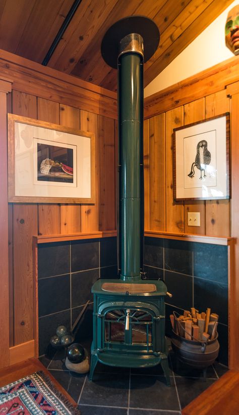 Wood stove, master bedroom............ Stove In Bedroom, Studio Exterior, Small Wood Burning Stove, Small Wood Stove, Wood Countertops Kitchen, Stove Installation, Dream Cabin, Cozy Cottages, Small Fireplace