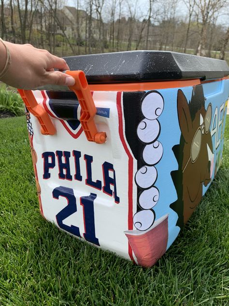 Sixers jersey painted cooler #philly Frat Cooler Side Ideas, Wolf Of Wall Street Frat Cooler, Painted Frat Cooler Ideas, Frat Cooler Sides, Chicago Frat Cooler, Frat Coolers Ideas Fraternity, Phi Delt Cooler, Frat Cooler Painting Ideas, College Cooler Painting