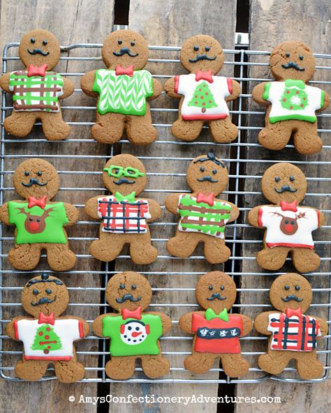 Hipster Ugly Sweater Gingerbread Men Gingerbread Man Decorating Ideas, Ugly Sweater Cookie, Christmas Cutout Cookies, Gingerbread Cookies Decorated, Gingerbread People, Gingerbread Party, Paint Cookies, Gingerbread Decorations, Xmas Cake