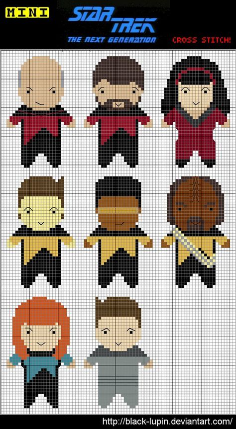 Star Trek cross stitch pattern Star Trek Cross Stitch, Geeky Craft, Arte Nerd, Star Trek Tng, Star Trek Characters, Geek Crafts, Perler Patterns, Cross Stitch Ideas, Cross Stitch Patterns Free