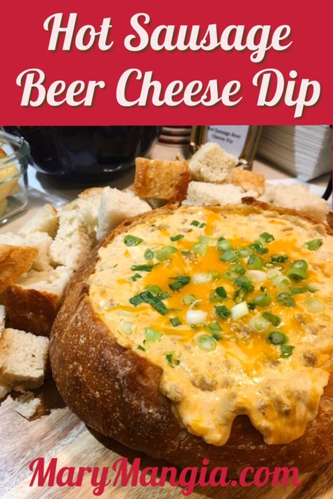 Perfect for gameday! Dip In Bread Bowl, Sausage Beer Cheese Dip, Dip Bread Bowl, Cheesy Sausage Dip, Bread Bowl Dip, Spicy Breakfast, Bread Dips, Beer Cheese Dip Recipe, Beer Dip