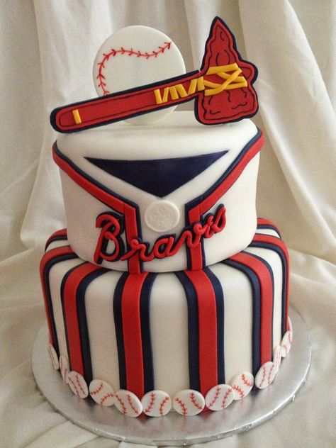 Braves Cake Atlanta Braves Cake, Atlanta Braves Birthday, Designer Birthday Cakes, Brave Birthday Cakes, Brave Cakes, Baseball Birthday Cakes, Brave Birthday Party, Braves Party, Baseball Cake