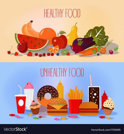 Unhealthy Food Cartoon, Healthy Vs Unhealthy Food, Healthy And Unhealthy Food, Heart Healthy Eating, Baked Veggies, Food Clipart, Food Cartoon, Healthy Lifestyle Changes, Easy Diets