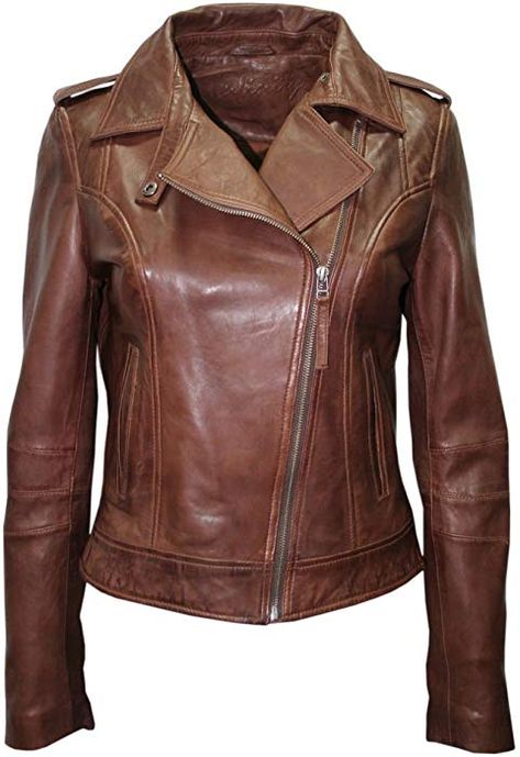 Ladies Casual Retro Brown Brando Soft Nappa Leather Biker Jacket 8 at Amazon Women's Coats Shop Stylish Leather Jacket, Slim Fit Coat, Lambskin Leather Jacket, Real Leather Jacket, Leather Wear, Genuine Leather Jackets, Brown Leather Jacket, Biker Style, How To Make Shorts