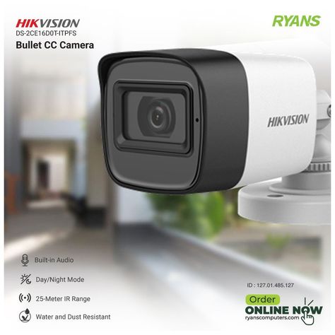 Hikvision DS-2CE16D0T-ITPFS Bullet CC Camera ✅ 2 MP camera with coaxial audio ✅ Enhancing safety with the discreet and economical built-in microphone ✅ Transmits audio over the coaxial cable ✅ EXIR 2.0: advanced infrared technology with 25 m IR distance ✅ Water and dust resistant (IP67 ✅ 1-Year Warranty 🛡 View Details: https://ryans.id/hikvision-ds-2ce16d0t Price Tk 2,000 (check website for latest price) Visit Our Website to Buy Online: 🛒 www.ryanscomputers.com ☎ 24/7 Support +8809604442121 Cc Tv Camera, Iot Security, Cc Camera, Luxury Bag Brands, كاميرات مراقبة, Ideal Partner, Coaxial Cable, Restaurant Menu Design, Perfume Design