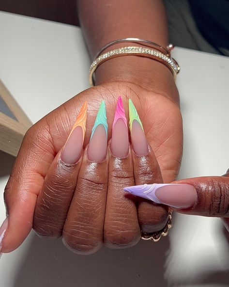 Spring Nail Inspiration, Long Stiletto Nails, Long Stiletto, Sassy Nails, Colorful French, London Nails, Pointed Nails, Stiletto Nails Designs, Work Nails