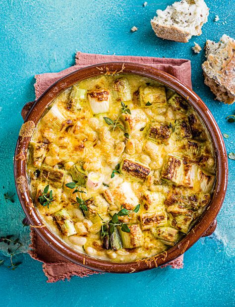 Find 1000s of triple-tested recipes, expert cooking advice from your favourite celebrity chefs and the latest food trends Mob Kitchen Vegetarian, Vegetarian Gratin, Bean Soup With Canned Beans, Sausage Bean Soup, Bean Soup With Sausage, Leek Gratin, Vegetarian Casseroles, Cheesy Leeks, Bean Soups