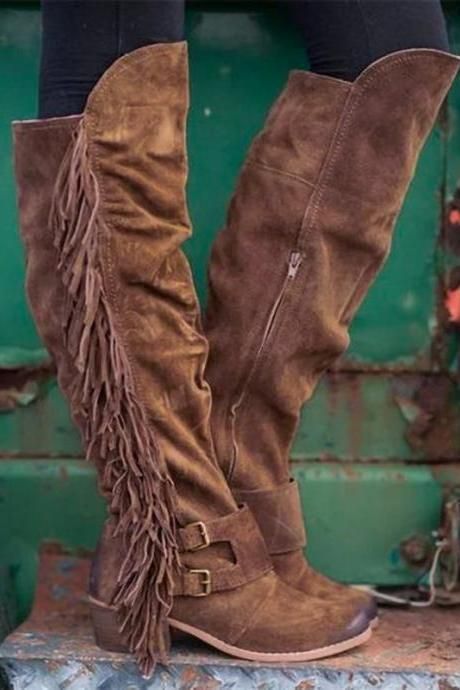 be53ee61104935234b174e62a07e53cfdesc45441162ri Tassel Boots, Tassel Heels, Fringe Boots, Rounded Toe Boots, Suede Fringe, Long Boots, Thick Heels, Mid Calf Boots, Suede Heels