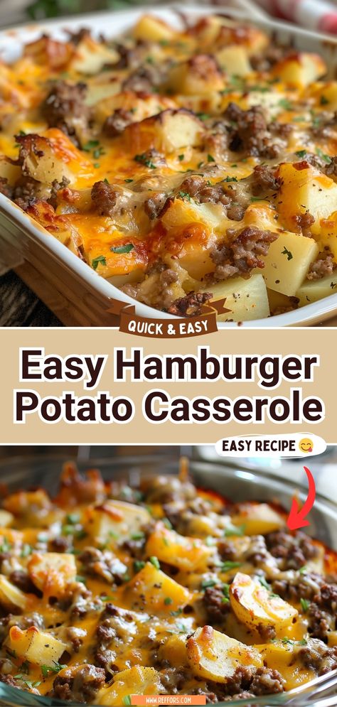 Serve this heartwarming casserole straight from the oven and watch as it becomes a new favorite in your family’s recipe collection. Enjoy the blend of creamy, cheesy goodness with every forkful! #ComfortFoodClassics #FamilyMealIdeas #HeartyCasserole Cowboy Potato Casserole, Easy Hamburger Potato Casserole, Cheesy Hamburger Potato Casserole, Easy Dinner Ideas Casseroles, Hamburger Potato Casserole Recipes, Casarole Dishes Dinner, Hamburger Casserole Recipes Easy, Casseroles That Freeze Well, Easy Weeknight Dinners For Family