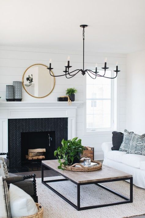 Modern Farmhouse Family Room with Shiplap Feature Wall Black Chandelier Living Room, Modern Farmhouse Family Room, Fun Living Room, Farmhouse Family Rooms, Fun Room, Furnitur Ruang Keluarga, Best Living Room Design, Modern Farmhouse Living Room, Trendy Living Rooms