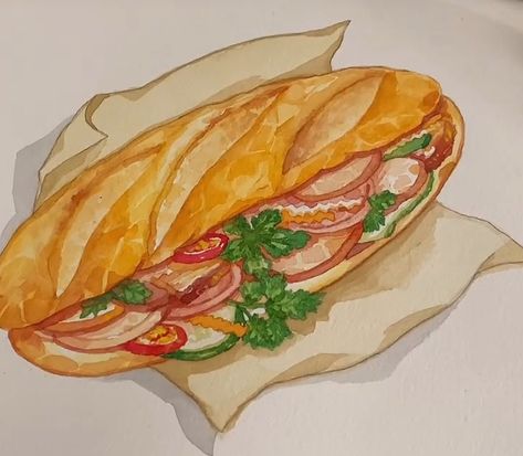 Banh Mi Art, Vietnamese Food Drawing, Vietnamese Food Illustration, Bahn Mi, Recipe Drawing, Vietnam Art, Vietnam Food, Food Illustration Art, Manga Drawing Tutorials