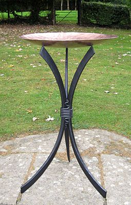 Bird Bath 840mm high Forged steel frame and hand beaten copper dish 485mm diameter Metal Bird Bath Ideas, Homemade Bird Baths Metal, Welded Bird Bath, Leaf Concrete Bird Bath, Metal Bird Bath, Hand Made Bird Bath, Wrought Iron Design, Bird Bath Garden, Diy Welding