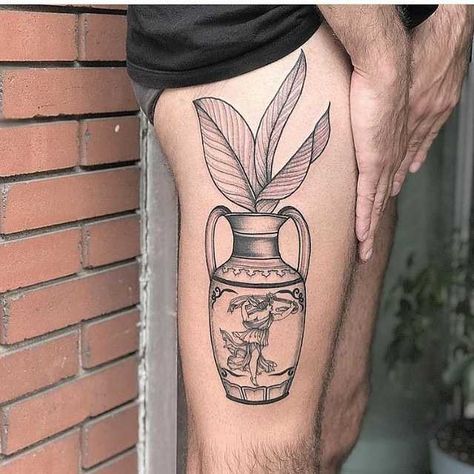 1988 Tattoo, Flower Vase Tattoo, Tattoos Thigh, Vase Tattoo, Vasos Vintage, Tattoo Number, Daughter Tattoo, Ancient Tattoo, Greek Mythology Tattoos