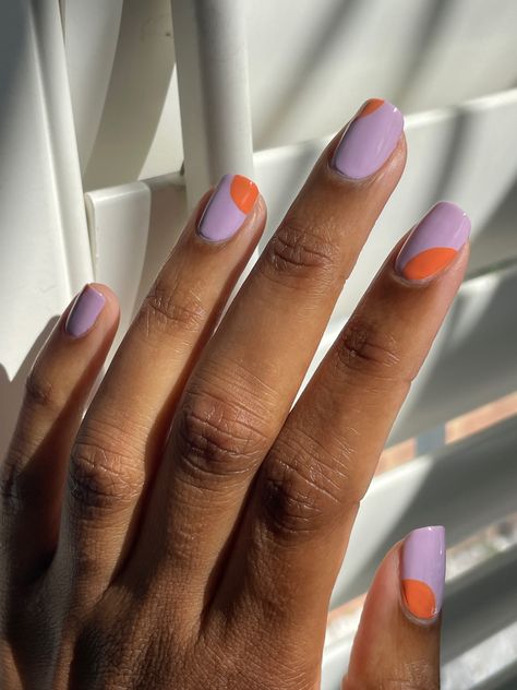 Lilac Manicure Lavender, Lilac And Coral Nails, Lilac Orange Nails, Orange And Lavender Nails, Lavender Orange Nails, Orange And Lilac Nails, Lavender And Orange Nails, Orange And Purple Nails Ideas, Nail Art Two Colors