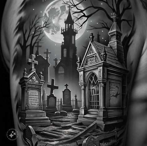 Graveyard Back Tattoo, Grave Yard Tattoos, Grave Yard Drawing, Graveyard Tattoo Design, Graveyard Sketch, Dark Gothic Tattoo, List Tattoo, Graveyard Tattoo, Scene Tattoo