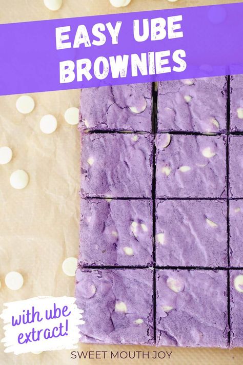 A chewy homemade ube brownies recipe that's super easy to make using ube extract. This purple yam dessert is sure to be a hit at your next celebration! Ube brownies are perfect for picnics, parties, potlucks and more. This Filipino favourite is great for giving ube a try as it's a fudgy purple brownie with the ube nuttiness and a white chocolate creaminess. Check out the easy ube brownie recipe with video and step-by-step instructions. Pan De Ube Recipe, Ube Brownies Recipe, Yam Dessert, Ube Brownies, Ube Extract, Ube Recipes, Purple Yam, Brownies Recipe, Brownie Recipe