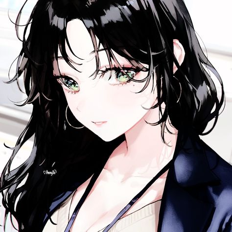 Anime Green Eyes Black Hair, Black Hair Green Eyes Anime Female, Anime Oc Female Black Hair Green Eyes, Anime Girlboss Pfp Black Hair, Anime Oc Female Black Hair Purple Eyes, Black Haired Anime Pfp, Oc With Black Hair, Anime Woman With Black Hair, Anime Female Black Hair