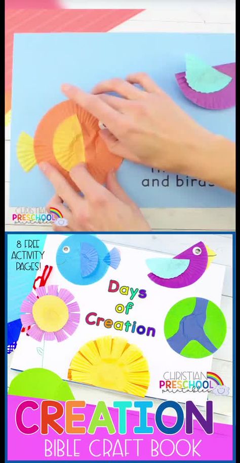 Creation Craft Book using Cupcake Liners Preschool Creation Crafts Free Printables, Creation Craft Kindergarten, Creation Crafts For Preschool, Creation Booklet Preschool, Creation Book Preschool, Creation Bible Story For Preschoolers, Bible Creation Story, Cupcake Liner Crafts, 7 Days Of Creation