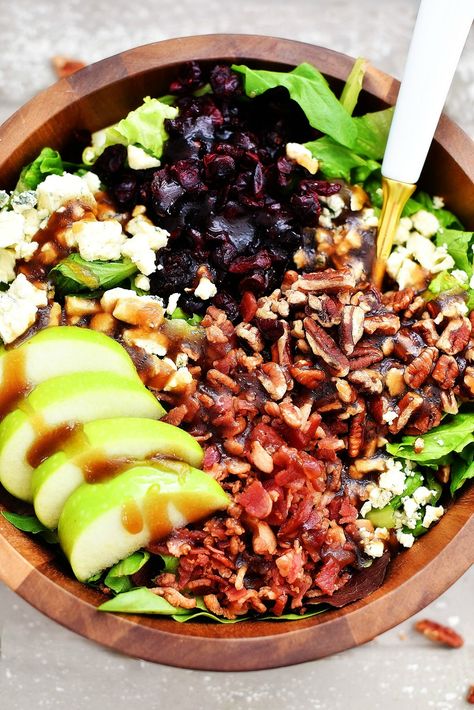 Apple Bacon & Gorgonzola Salad with Sweet Balsamic Vinaigrette - Life In The Lofthouse Apple And Gorgonzola Salad, Apple Gorgonzola Salad, Creamy Balsamic Vinaigrette, Life In The Lofthouse, Fall Salads, Gorgonzola Salad, Balsamic Vinaigrette Recipe, Autumn Salad Recipes, Bbq Chicken Salad