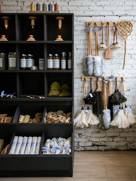 Brooms And Brushes, Farm Store, Japanese Kitchen, Retail Store Design, Tin Ceiling, Store Displays, Shop Interiors, Brooms, Decor Shop