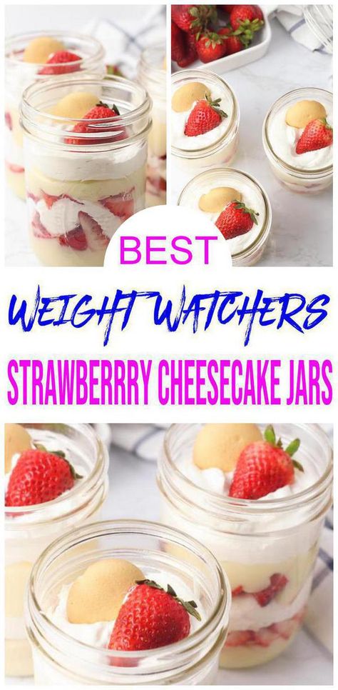 EASY Cheesecake! These strawberry cheesecake jars are so tasty. Easy Weight Watchers recipe. Easy desserts - Quick snacks ideas, Weight Watchers desserts, Weight Watchers breakfast cheesecake or delish sweet treat. Layered pudding: cookies, creamy pudding, strawberries & whipped cream topping. Cheesecake in a mason jar treat. Easy to make recipe. Homemade not store bought cheesecake for 4th of July or Father's day or camping food. Check out cheesecake #ww #cheesecake idea - simple & easy recipe. Weight Watchers No Bake Cheesecake, Weight Watchers Jello Desserts, Strawberry Cheesecake In A Jar, Strawberry Cheesecake Parfaits, Weight Watchers Cheesecake, Weight Watchers Dessert, Dessert Ww, Weight Watchers Snack Recipes, Strawberry Cheesecake Recipe