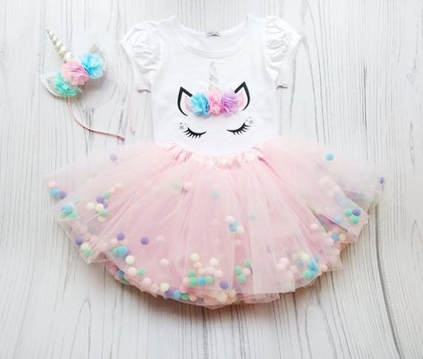 Tutu Party Decorations, Pom Pom Tutu, Onesie Unicorn, Frozen Birthday Outfit, Unicorn Set, Unicorn Birthday Outfit, First Birthday Tutu, Birthday Party Outfit, Skirt Tutu