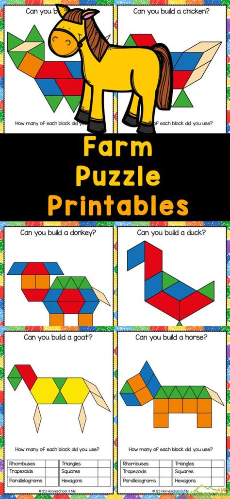 Grab these farm animal pattern block templates to spark your child's imagination and boost their math skills! Watch as they use different shapes to create adorable sheep, chickens, and pigs, all while having a blast! No need to be an art genius! These free pattern block printables make it simple and fun to build your very own farm animal creations. Plus, it's not just about the cute animals - kids will also develop essential spatial skills and learn important geometric concepts along the way. Tr Farm Animal Pattern Block Mats, Farm Pattern Blocks, Farm Patterns Preschool, Farm Preschool Printables, Farm Bingo Free Printable, Farm Animals Activities For Preschoolers Free Printable, Pattern Block Templates Free Printable, Animals With Shapes, Farm Math Preschool