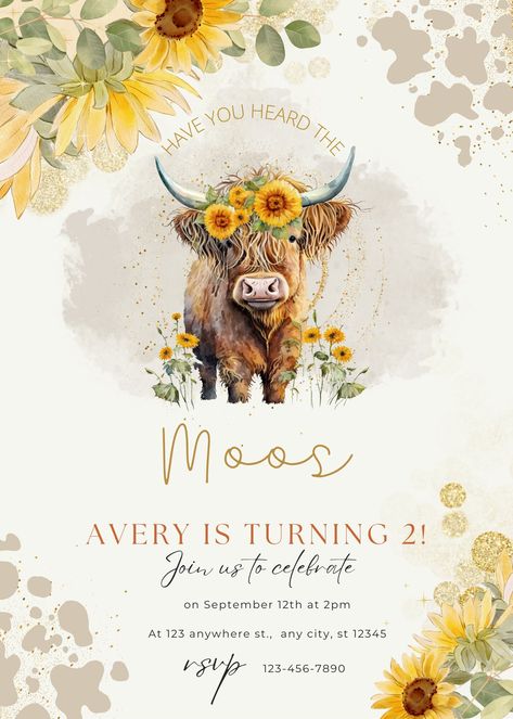 Highland Cow Birthday Invitations, Sunflower Birthday Party, Highland Cow Birthday, Cow Print Birthday, Sunflower Birthday Parties, 15th Birthday Party Ideas, Cow Sunflower, Sunflower Birthday, Sunflower Invitations