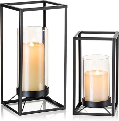 Staymoment Black Metal Lantern Decorative Set of 2 with Hurricane Glass, Indoor Modern Farmhouse Candle Holder Hanging Lanterns for Table Centerpiece Fireplace Mantles Shelf, 12" & 9" Iron Home Decor Fireplace Mantle Shelf, Iron Home Decor, Farmhouse Candle Holders, Farmhouse Candle, Fireplace Mantles, Table Centerpieces For Home, Scented Pillar Candles, Modern Lanterns, Fireplace Shelves