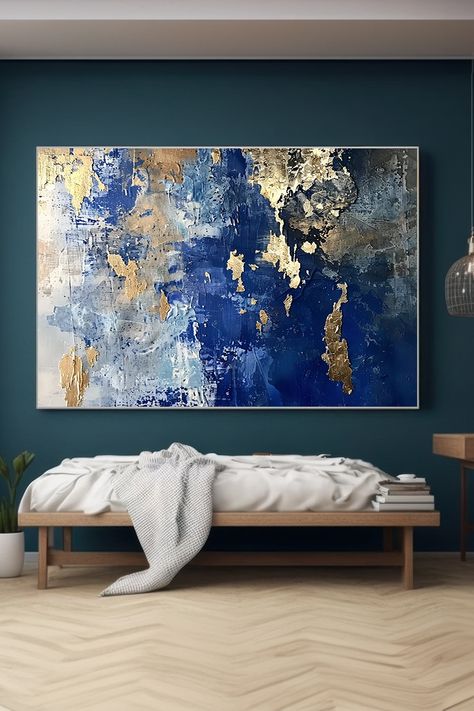 Original textured abstract painting with deep blue, gold, and grey tones, featuring bold brushstrokes and metallic accents Blue And Gold Abstract Art, Blue And Gold Wall Art, Gold Abstract Wall Art, Gold Wall Art, Textured Wall Art, Textured Wall, Grey And Gold, Blue And Gold, Abstract Wall