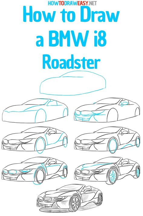 Bmw I8 Drawing, How To Draw A Bmw Car Step By Step, Bmw I8 Roadster, Art Worksheets Printables, I8 Roadster, How To Drow, How To Dr, Cartoon Car Drawing, Car Side View