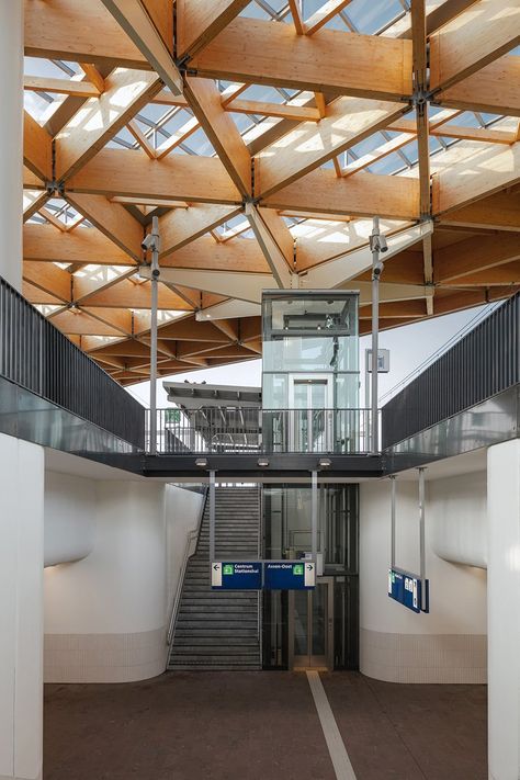 powerhouse company + de zwarte hond unite assen station with triangular wooden roof Wooden Roof Structure, Timber Roof Structure, Wooden Roof, Truss Structure, Natural Building Materials, Roof Edge, Timber Architecture, Timber Roof, Wood Roof