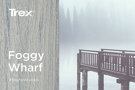 Foggy Wharf is a light grey with bluey hue and tropical dark streaks. Trex Colors, Deck Fascia, Trex Enhance, Decking Boards, Fascia Board, Composite Decking Boards, Deck Projects, Deck Boards, Composite Decking