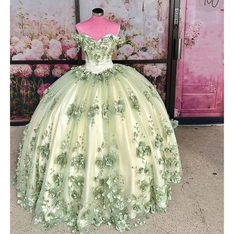 Sage Green Quinceanera Dresses, Sage Green Quinceanera, Lavender Prom Dress Long, Green Quinceanera Dress, Emerald Green Quinceanera Dresses, Quinceanera Dresses Green, Quince Stuff, Green Quinceanera, Quincenera Dresses