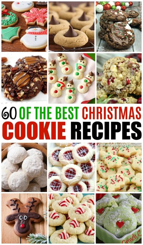 60 of the BEST Christmas Cookie Recipes - These are all so festive and delicious. You will hands down have the best cookie tray if you make a hand full of these ideas! Christmas Desert Recipes, Best Christmas Cookie Recipes, Christmas Cookie Recipes Holiday, Resepi Biskut, Best Christmas Cookie Recipe, Christmas Baking Recipes, Easy Christmas Cookie Recipes, Christmas Cookie Recipes, Christmas Cookies Easy