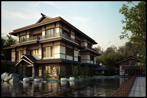 Asian+Style+Architecture | Designing a Japanese Style House | home & garden healthy design Japanese Home Exterior, Japanese House Exterior, Japanese Mansion, Japan House Design, Modern Japanese House, Traditional Japanese Home, Japanese House Design, Modern Japanese Style, Modern Japanese Architecture