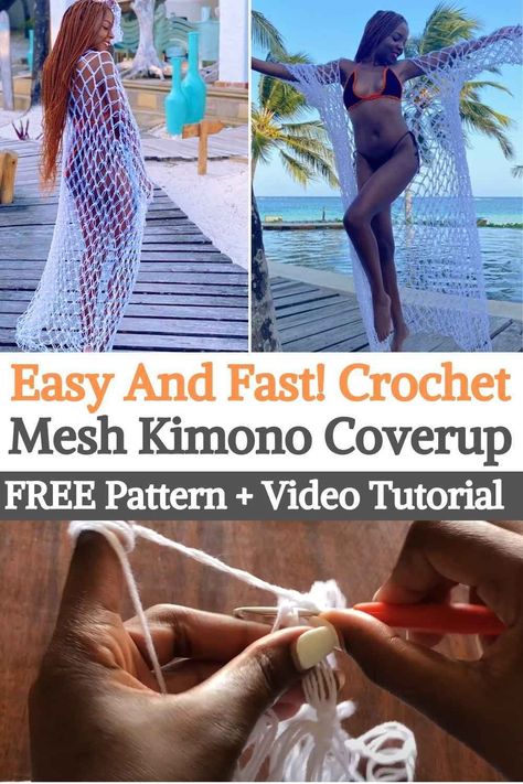 This crocheted kimono cover is made with Solomon stitch or love knot stitch. It is an oversize made perfect for the beach. The best thing about this project is that it is really easy to do and the end result is so cute, chic and bohemian, it seems very elaborate and difficult to crochet, but no!Actually, depending on your crochet speed, you can do it in just a few minutes. Even if you are already more experienced in crochet you can modify it a bit... Crocheted Kimono, Kimono Crochet, Mesh Kimono, Knot Stitch, Love Knots, Fast Crochet, Crochet Kimono, Mesh Cover Up, Mode Crochet