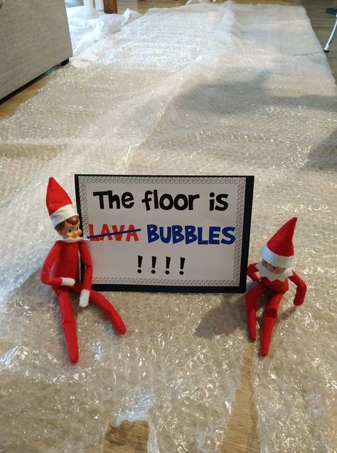 Love the bubble floor idea! #thefloorislava #elf #elfontheshelf Elf On The Shelf Arrival, Thanksgiving Aesthetic, Elf Ideas Easy, Awesome Elf On The Shelf Ideas, Elf Magic, Elf Activities, Xmas Elf, Elf Antics, Elf Fun