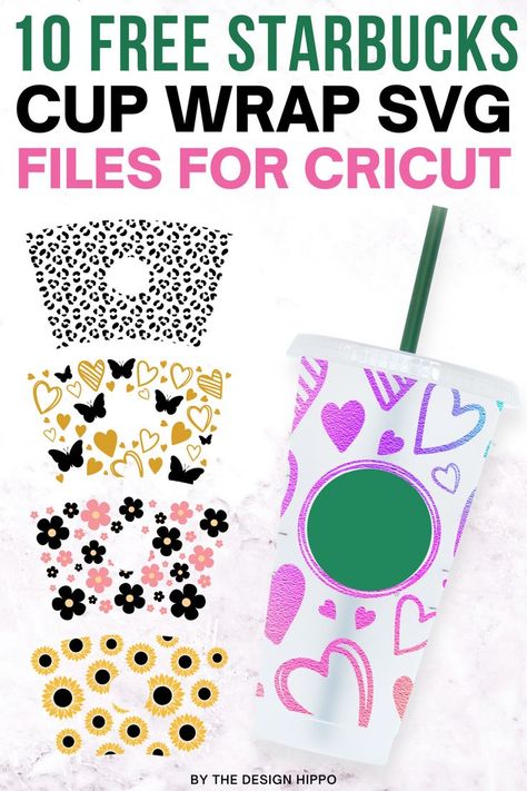 display of free Starbucks cup wrap SVG images along with a customized 24 oz Starbucks venti cold cup made with Cricut Cups With Cricut, Starbucks Cup Wrap Svg, Starbucks Cup Wrap, Free Cricut Images, Cup Wrap Svg, Starbucks Cup Design, Starbucks Diy, Cricut Stencils, Cricut Design Studio