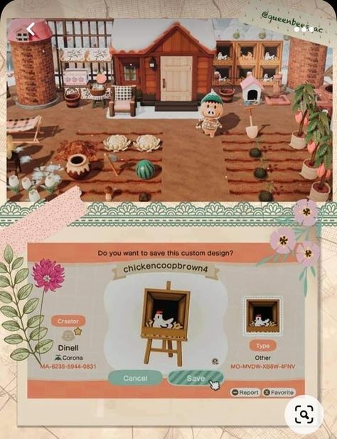 Acnh Farmers Market Simple Panel, Acnh Pet Bed Design, Farm Core Animal Crossing Codes, Acnh Farmcore Clothes, Animal Crossing Honey Design, Farmhouse Animal Crossing, Acnh Apple Cider Stand, Acnh Farm Codes, Acnh Farm Design Code