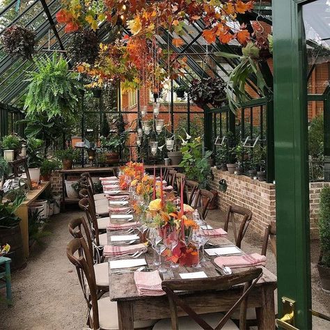 Greenhouse Dinner, Winter Garden Party, Dinner Fall, Winter Greenhouse, Autumn Dining, Dinner Party Table, Outdoor Dining Spaces, Fall Entertaining, Greenhouse Wedding